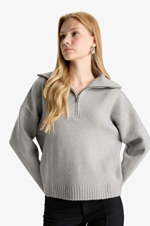 Oversize Geniş Kalıp Polo Yaka Fermuarlı Kazak