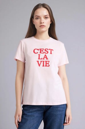 Defacto H1922AXPN671 Pembe Slogan Baskılı Penye Kısa Kollu Tişört