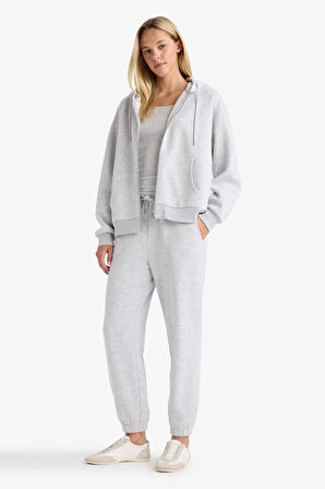 Relax Fit Kapüşonlu Basic Düz Kalın Fermuarlı Sweatshirt