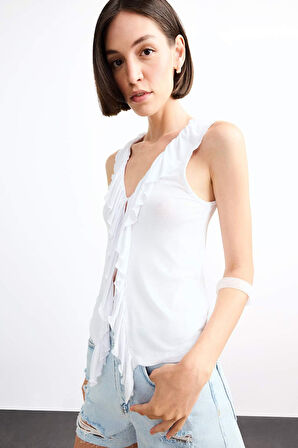 V Yaka Volanlı Viskon Kolsuz Bluz