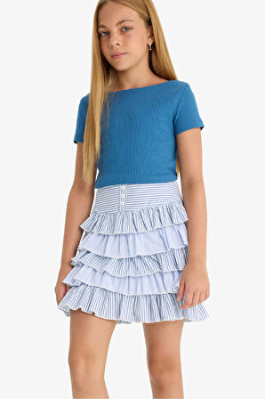 Kız Çocuk Fitted Kayık Yaka Ribana Kısa Kollu Tişört