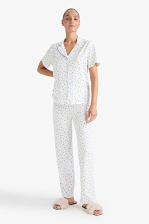 Pijama Takımı Regular Fit Desenli Kısa Kollu Üst Uzun Alt-Fall in Love