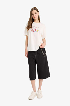 Coool Hello Kitty Oversize Geniş Kalıp Bisiklet Yaka Sırt Baskılı Kısa Kollu Tişört