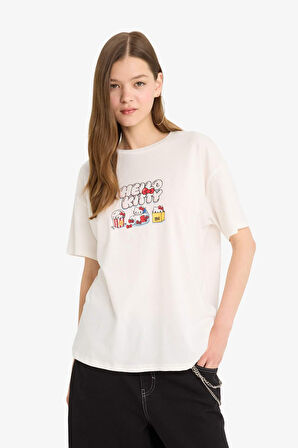 Coool Hello Kitty Oversize Geniş Kalıp Bisiklet Yaka Sırt Baskılı Kısa Kollu Tişört