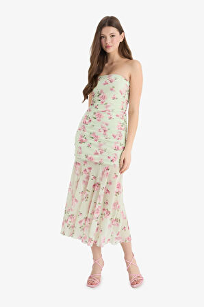 Coool Bodycon Vücudu Saran Straplez Floral Tül Kolsuz Maxi Elbise