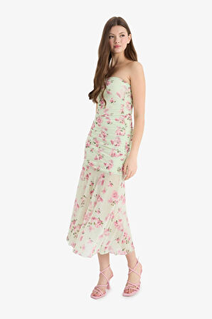 Coool Bodycon Vücudu Saran Straplez Floral Tül Kolsuz Maxi Elbise