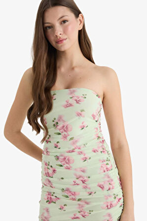 Coool Bodycon Vücudu Saran Straplez Floral Tül Kolsuz Maxi Elbise