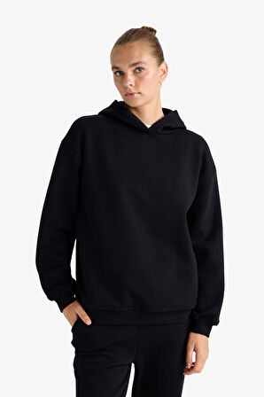 Relax Fit Kapüşonlu Basic Düz Kalın Sweatshirt