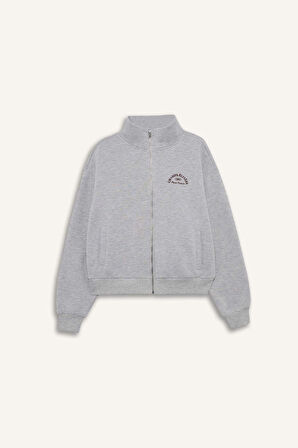 Relax Fit Yarım Balıkçı Yaka Baskılı Kalın Fermuarlı Sweatshirt 