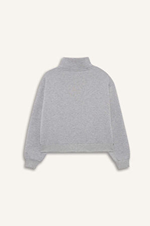Relax Fit Yarım Balıkçı Yaka Baskılı Kalın Fermuarlı Sweatshirt 