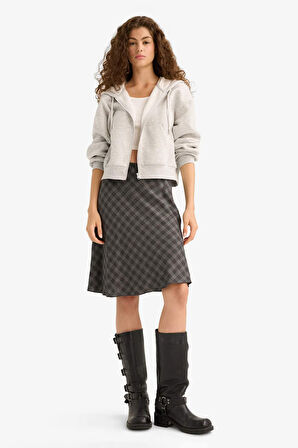 A Form Kareli Yüksek Bel Viskon Midi Etek