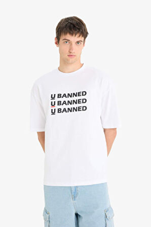 DeFacto %100 Pamuk Loose Fit Bisiklet Yaka Baskılı Kısa Kollu Tişört F5705AX25SMWT34