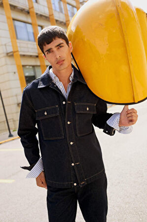 Relax Fit Düğmeli Jean Ceket