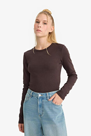 Coool Fitted Bisiklet Yaka Ribana Uzun Kollu Tişört