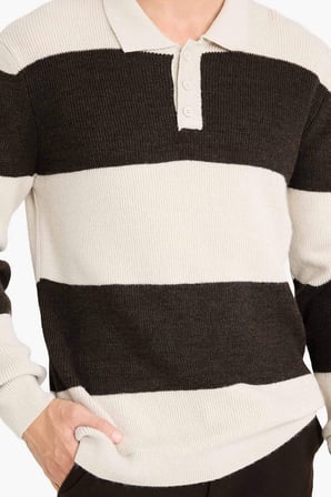 DeFacto Standart Fit Polo Yaka Renk Bloklu Triko Kazak D3590AX25WNBN581