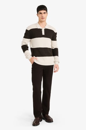 DeFacto Standart Fit Polo Yaka Renk Bloklu Triko Kazak D3590AX25WNBN581