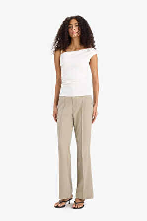 Flare Fit Fermuarlı Yüksek Bel Uzun Boy Twill Pantolon