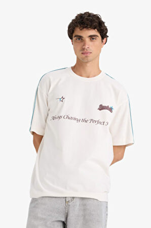 Boxy Fit Bisiklet Yaka Baskılı Kısa Kollu Tişört