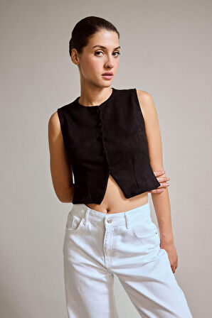 Düğmeli Crop Süet Yelek