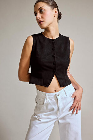 Düğmeli Crop Süet Yelek