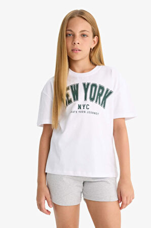 Kız Çocuk Relax Fit Bisiklet Yaka Üniversite Baskılı Kısa Kollu Tişört