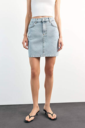 İşlemeli Mini Jean Etek