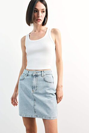 İşlemeli Mini Jean Etek