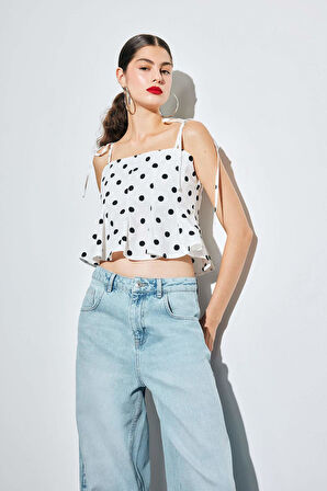 Fitted Puantiyeli Poplin Askılı Bluz