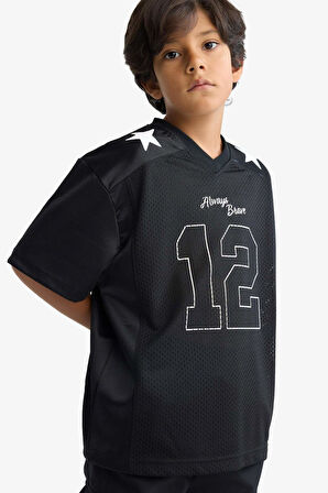 Erkek Çocuk Oversize Geniş Kalıp V Yaka Baskılı Tül Kısa Kollu Tişört