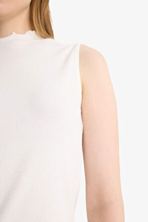 Slim Fit Dar Kesim Yarım Balıkçı Yaka Fitilli Kaşkorse Kolsuz Tunik