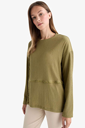 Relax Fit Bisiklet Yaka Bürümcük Uzun Kollu Tişört