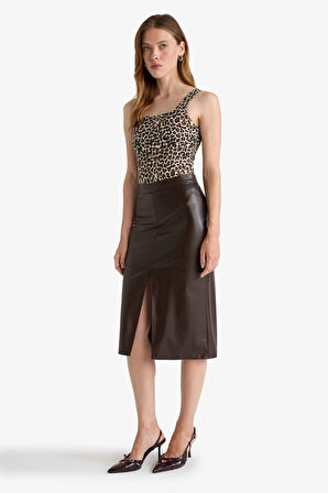 Kalem Yüksek Bel Penye Astar Suni Deri Midi Etek