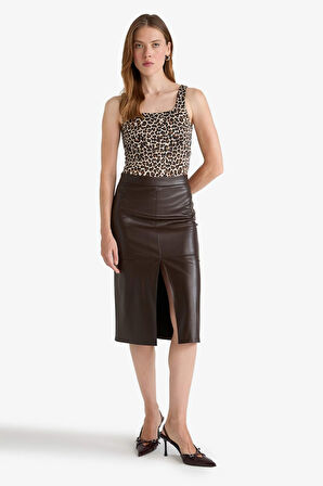 Kalem Yüksek Bel Penye Astar Suni Deri Midi Etek