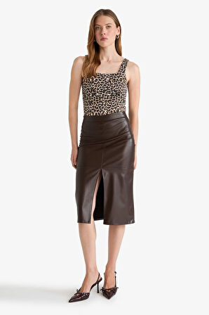 Kalem Yüksek Bel Penye Astar Suni Deri Midi Etek