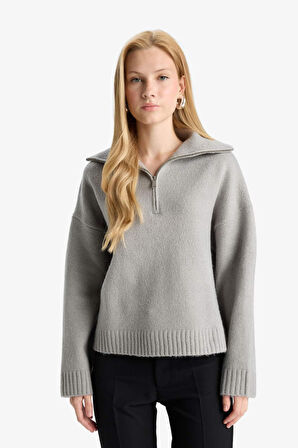 Oversize Geniş Kalıp Polo Yaka Fermuarlı Kazak