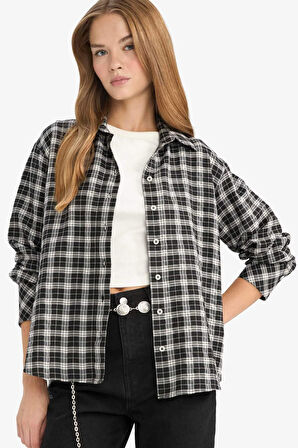 Oversize Geniş Kalıp Gömlek Yaka Pötikareli Poplin Uzun Kollu Gömlek