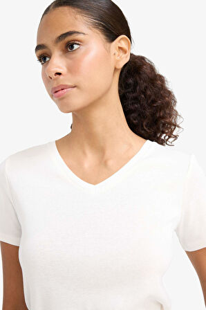 Slim Fit Dar Kesim V Yaka Basic Düz Ribana Kısa Kollu Tişört