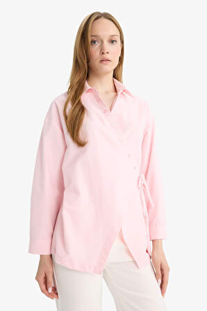 Regular Fit Gömlek Yaka Önden Bağlamalı Poplin Uzun Kollu Tunik