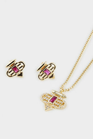 Reis x DeFacto 14 Ayar Altın Kaplama Ruby Prego Kadın Mor Taşlı Gold Kolye Küpe Seti