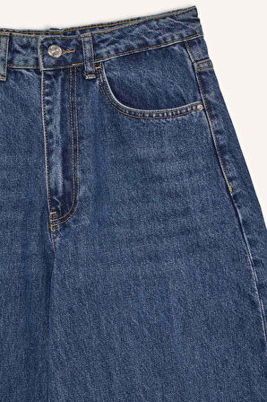 Barrel Fit Yüksek Bel Katlamalı Paça Jean Yıkamalı Pantolon