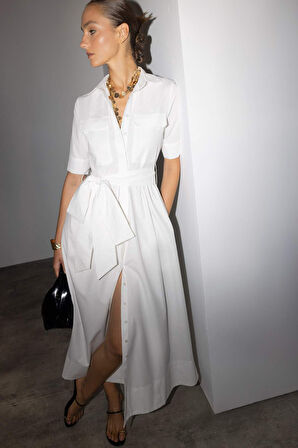 Gömlek Yaka Poplin Bağlama Detaylı Kısa Kollu Midi Elbise