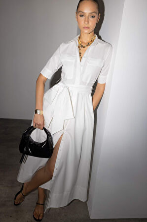 Gömlek Yaka Poplin Bağlama Detaylı Kısa Kollu Midi Elbise