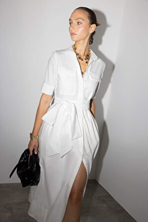 Gömlek Yaka Poplin Bağlama Detaylı Kısa Kollu Midi Elbise