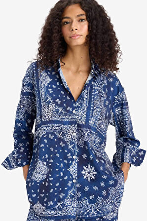 Regular Fit Şal Desenli Plaj Gömleği-Fall in Love 