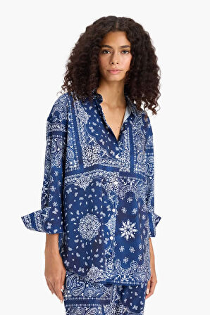 Regular Fit Şal Desenli Plaj Gömleği-Fall in Love 