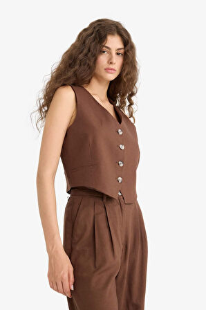 V Yaka Keten Karışımlı Blazer Yelek