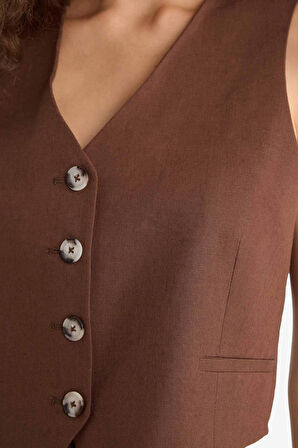 V Yaka Keten Karışımlı Blazer Yelek