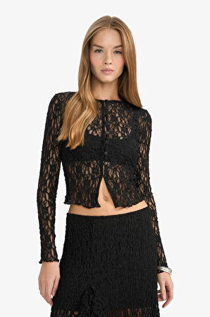 Fitted Bisiklet Yaka Dantel Hırka