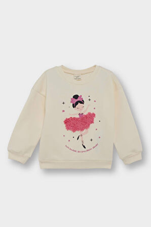 Kız Bebek Bisiklet Yaka Balerin Baskılı İçi Yumuşak Tüylü Sweatshirt