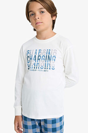 Erkek Çocuk Pijama Takımı Baskılı Uzun Kollu Üst Kareli Uzun Alt